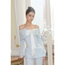 批发“贝拉小姐”<b class='q'>婴儿</b>蓝针织打底衫皮草可拆卸蝴蝶结<b class='q'>套装</b>