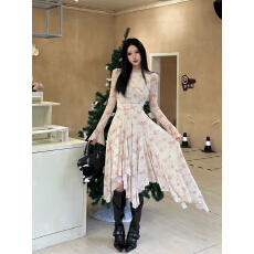 批发玫瑰印花小高领喇叭袖<b class='q'>连衣裙</b>女秋冬不规则下摆打底长裙