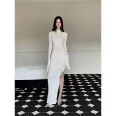 批发十字印花半高领长袖连衣裙修身长裙