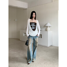 批发交叉褶皱罩衫辣妹荆棘字母<b class='q'>印花</b>抹胸慵懒随意上衣