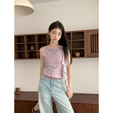 批发原创收腰玫瑰流苏印花网纱修身显瘦短款无袖背心吊带