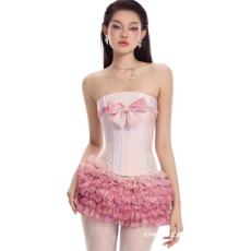 批发粉色公主裙<b class='q'>蕾丝</b>设计交叉绑带<b class='q'>连衣裙</b>