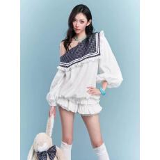 批发少女减龄<b class='q'>格子</b>斜领长袖<b class='q'>衬衣</b>套装裤