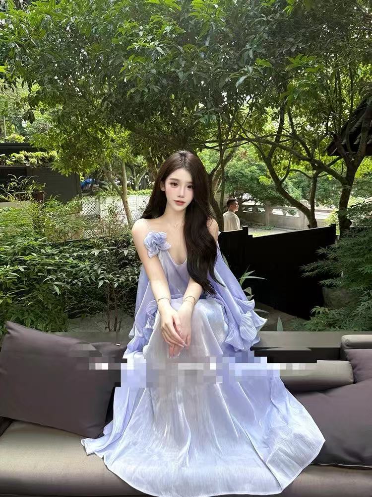 슬립 여성 드레스 여름 빛 럭셔리 명문 여성 고급 센스 무거운 작업 3 차원 꽃 프릴 휴가 바람 큰 진자 롱 스커트