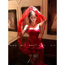 批发|红色立体花朵抹胸挂脖上衣约会小短裙小礼服