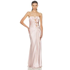 批发光泽丝长裙蝴蝶结拼接镂空晚宴礼服