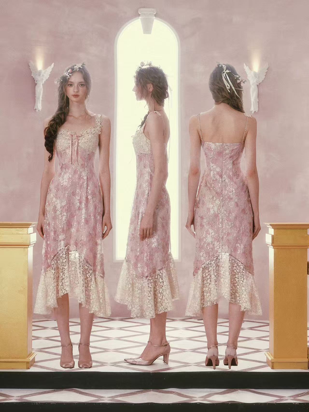 프랑스식 로코코 바람 레이스 꽃무늬 휴가 드레스 허리 수축 인어 꼬리 스커트 여름