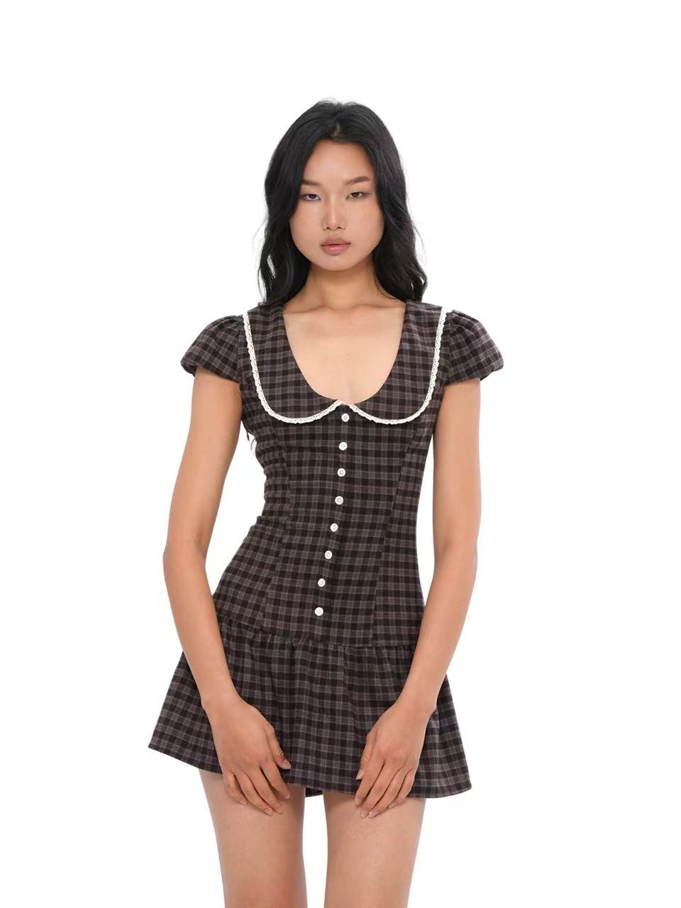 아메리칸 농장 바람 체크무늬 반팔 폴로 칼라 허리 수축 드레스