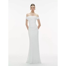 批发时尚优雅一字肩褶皱修身连衣裙