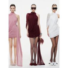 批发高级感褶皱不规则包臀飘带裙