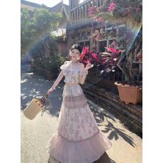 批发度假短袖印花上衣重工<b class='q'>蕾丝</b>花边大摆半裙春上新