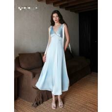 批发肌理感缎面法式V领镂空高腰线挂脖吊带连衣裙