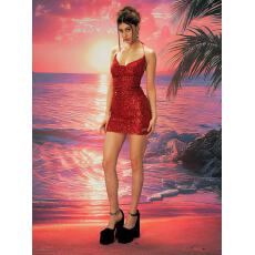 批发性感辣妹风红色亮片荡领大露背绑带挂脖连衣裙