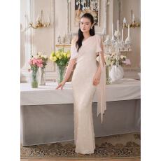 批发“蝶汐”斜肩亮片弹力修身长裙蝴蝶结雪纺飘带连衣裙