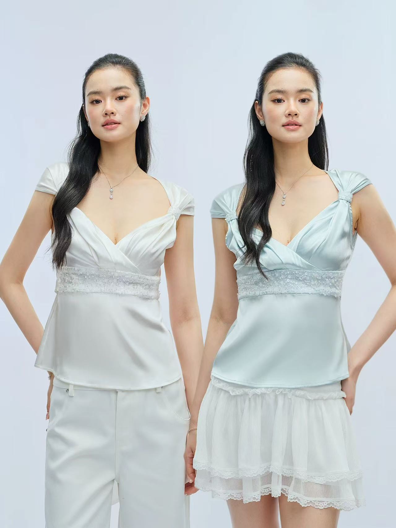 부드러운 시간 새틴 비즈 박기 패치워크 V넥 스트랩 허리 수축 조끼 맨위