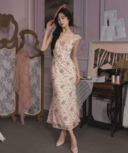 장미 오르골 프랑스식 레트로 낭만주의 프린트 인어 꼬리 스커트 질감 센스 드레스 프린트 치마