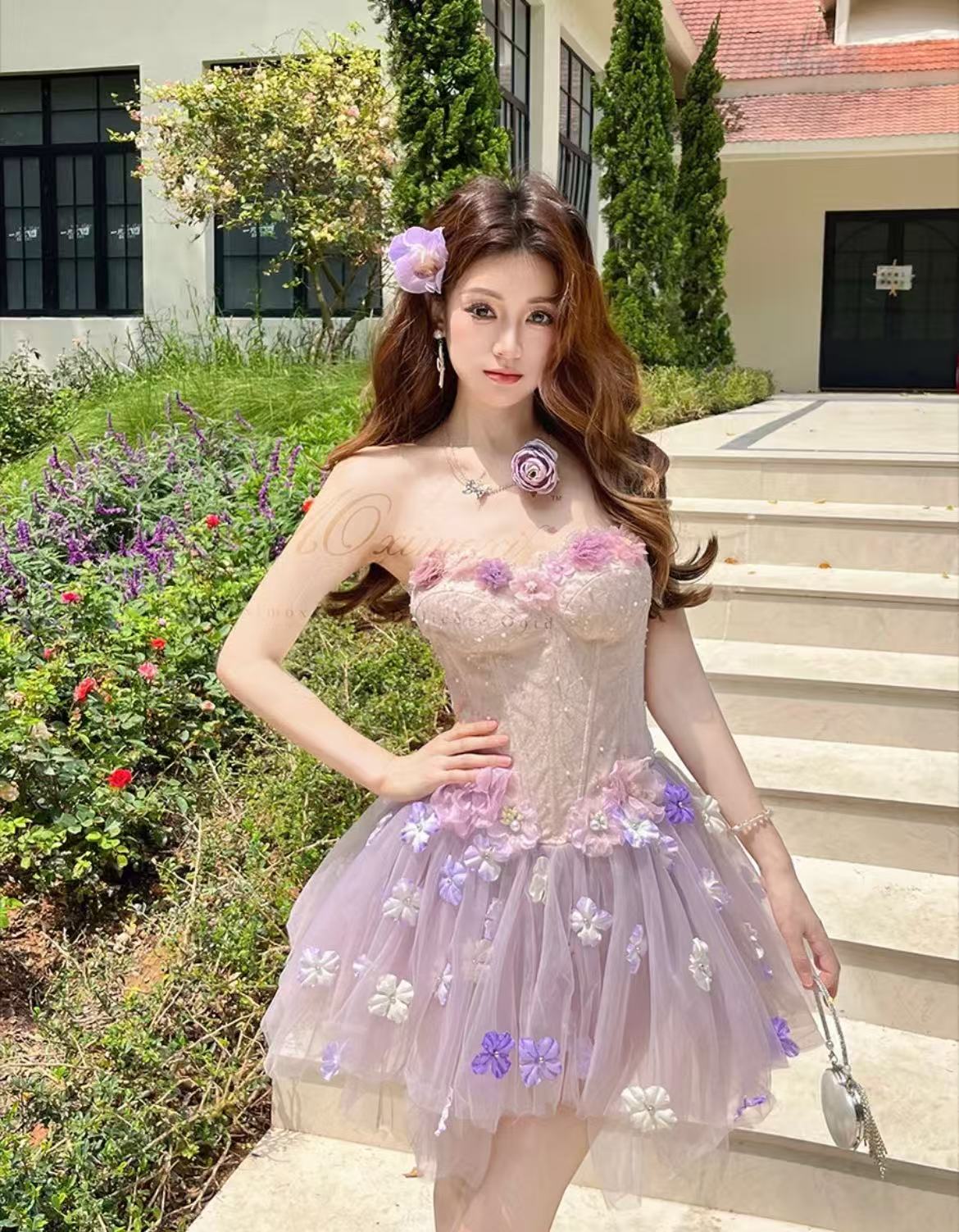 보라색 안개 요정 순수한 욕망 요정 가스 달콤함 3 차원 꽃 생선뼈 허리 수축 한 마디 퍼프 스커트