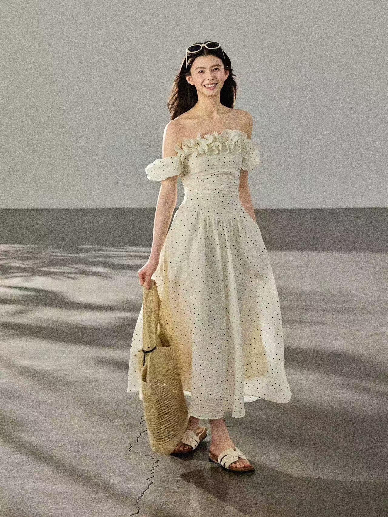 둘 착용 3 차원 프릴 오프숄더 레트로 도트 무늬 여성 드레스 허리 수축 롱 스커트