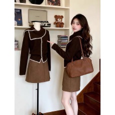 批发复古慵懒风围巾领撞色针织毛衣女秋<b class='q'>冬</b>高腰显瘦半身裙时尚两件套装