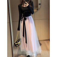 批发初冬法式小资千金感穿搭小个子特别漂亮掐腰粉色<b class='q'>网纱</b>拼接连衣<b class='q'>裙</b>女