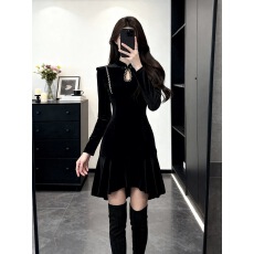 批发2025年冬季小香风复古过膝<b class='q'>连衣裙</b>高级感镂空收腰显瘦气质裙子