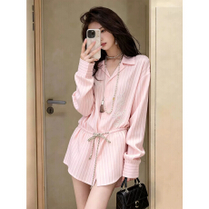 批发法式气质粉色条纹<b class='q'>长袖</b><b class='q'>衬衫</b>女绑带收腰显瘦温柔上衣2026早春季新款