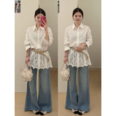批发2026春夏新款韩系温柔风通勤<b class='q'>气质</b>蕾丝拼接衬衫上衣牛仔阔腿<b class='q'>裤</b><b class='q'>套装</b>
