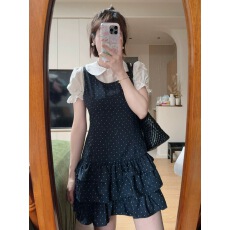 批发学院风蓝色波点背带连衣裙子女<b class='q'>夏</b>季新款小个子减龄气质穿搭一整套