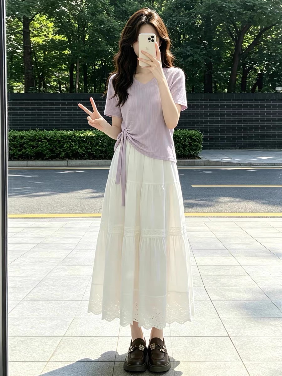 한 부서 부드러운 보라색 맨위 반신 드레스 아이들 여름 2026 새로운 슈퍼 화재 연령 감소 에이즈 환자 세트 롱 스커트