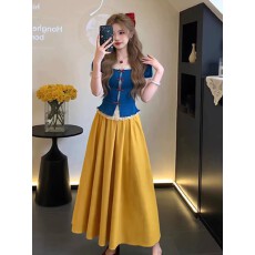 批发白雪公主夏季套装裙蕾丝短袖上衣假两件T恤女+黄色<b class='q'>半身裙</b>长裙