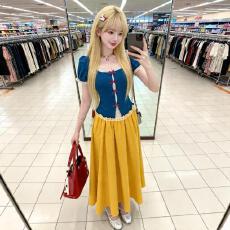 批发法式复古蕾丝拼接假两件短袖t恤上衣<b class='q'>半身裙</b>女2026超火穿搭一整套