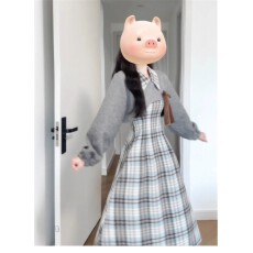 批发法式灰色格纹长袖<b class='q'>连衣裙</b>子女2025秋冬季气质收腰显瘦内搭长裙套装