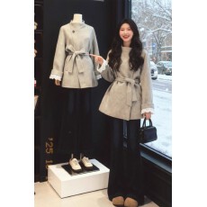 批发灰色立领双面羊毛大衣2025年秋冬季女<b class='q'>短</b>款系带收腰温柔风毛呢外套