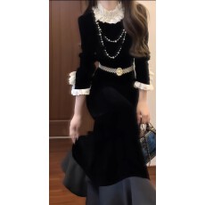 批发江浙沪富家千金法式丝绒黑色连衣裙重要场合漂亮气质礼服裙25冬季