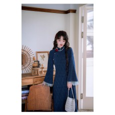 批发新中式复古蓝色<b class='q'>改良</b><b class='q'>旗袍</b>连衣裙女2025秋冬新款网纱拼接高级感长裙