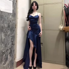 批发蓝色吊带连衣裙女修身收腰开叉长裙性感气质时尚生日聚会晚宴风
