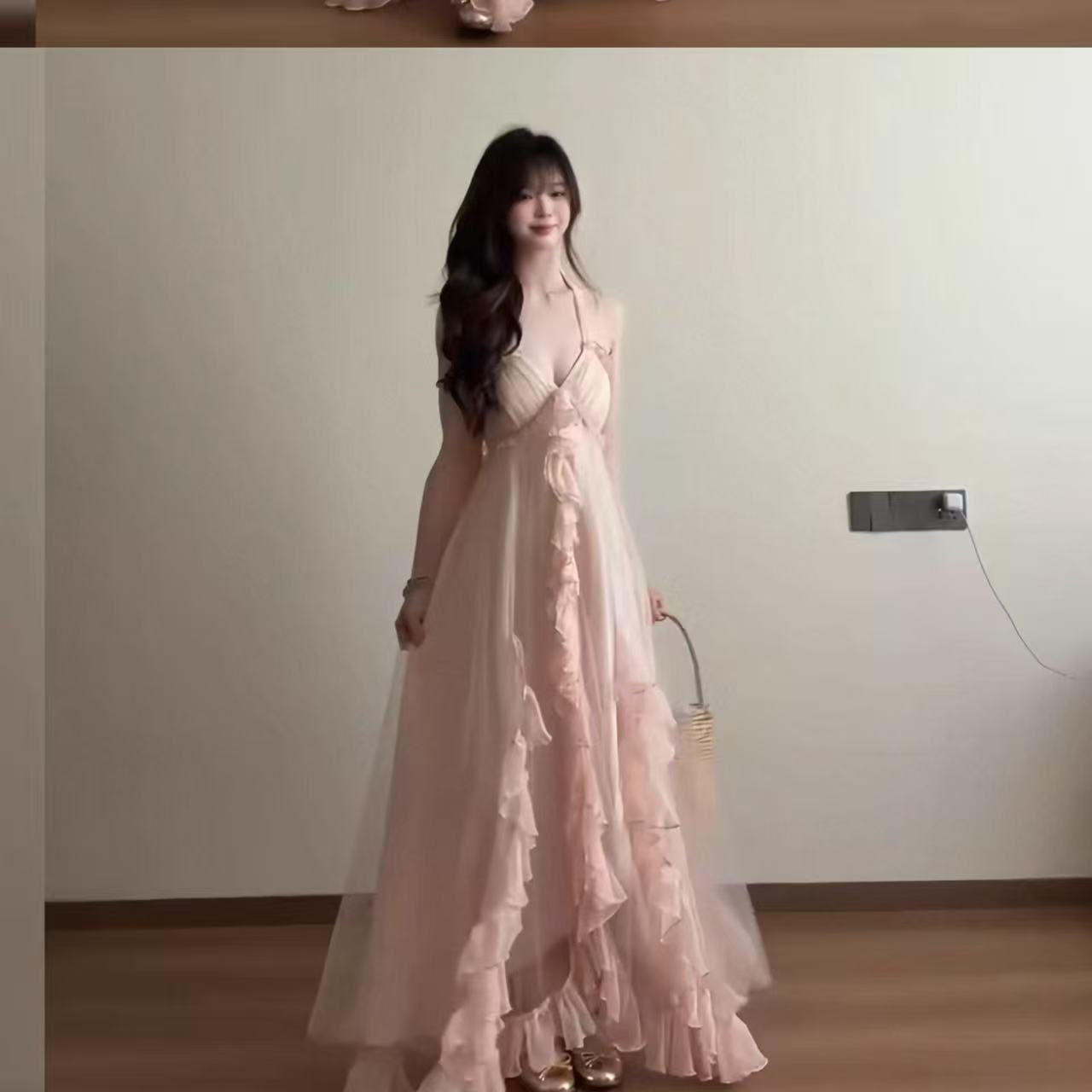 프랑스식 행침 목 핑크색 휴가 바람 행침 목 V넥 여성 드레스 여름 프릴 허리 수축 슬림해 보이는 롱 스커트 요정 바람