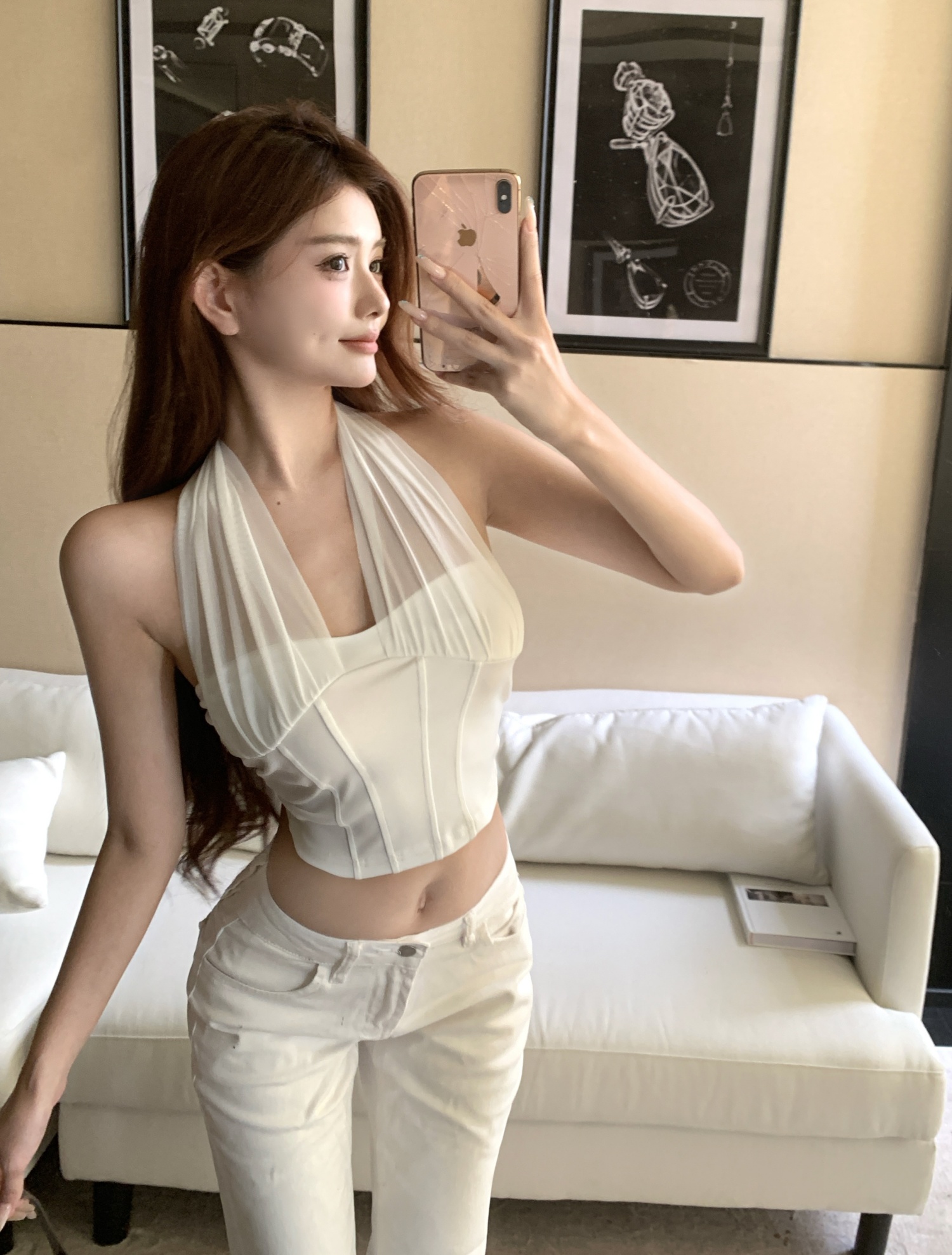 实拍~气质纯欲挂脖短款修身辣妹上衣露背女装