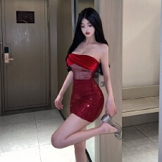 批发实拍~圣诞红色<b class='q'>抹胸</b><b class='q'>裹</b><b class='q'>胸</b>礼服性感辣妹亮片拼接短裙连衣裙女