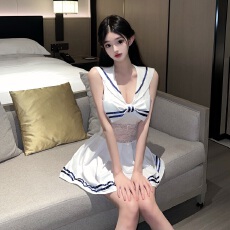 批发实拍~纯欲海军性感蕾丝透视露腰时尚短裙大摆连衣裙女