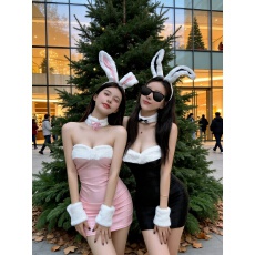 批发实拍~冬季毛毛抹胸裹胸礼服送兔子发箍+手环+围脖性感辣妹连衣裙