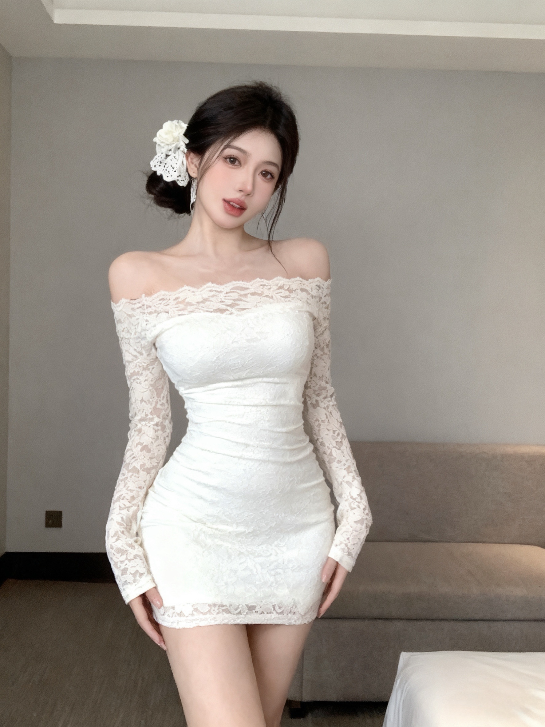 实拍~白色蕾丝双层一字领露肩修身包臀长袖性感辣妹连衣裙女