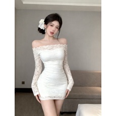 批发实拍~白色蕾丝双层一字领露肩修身包臀长袖性感辣妹<b class='q'>连衣</b>裙女