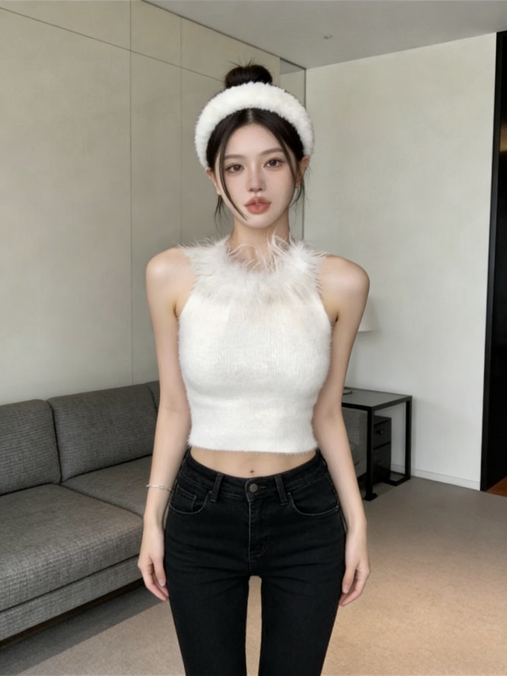 실사 순수한 욕망 핫걸 모피 행침 목 백리스 순수한 캐미솔 맨위 여성