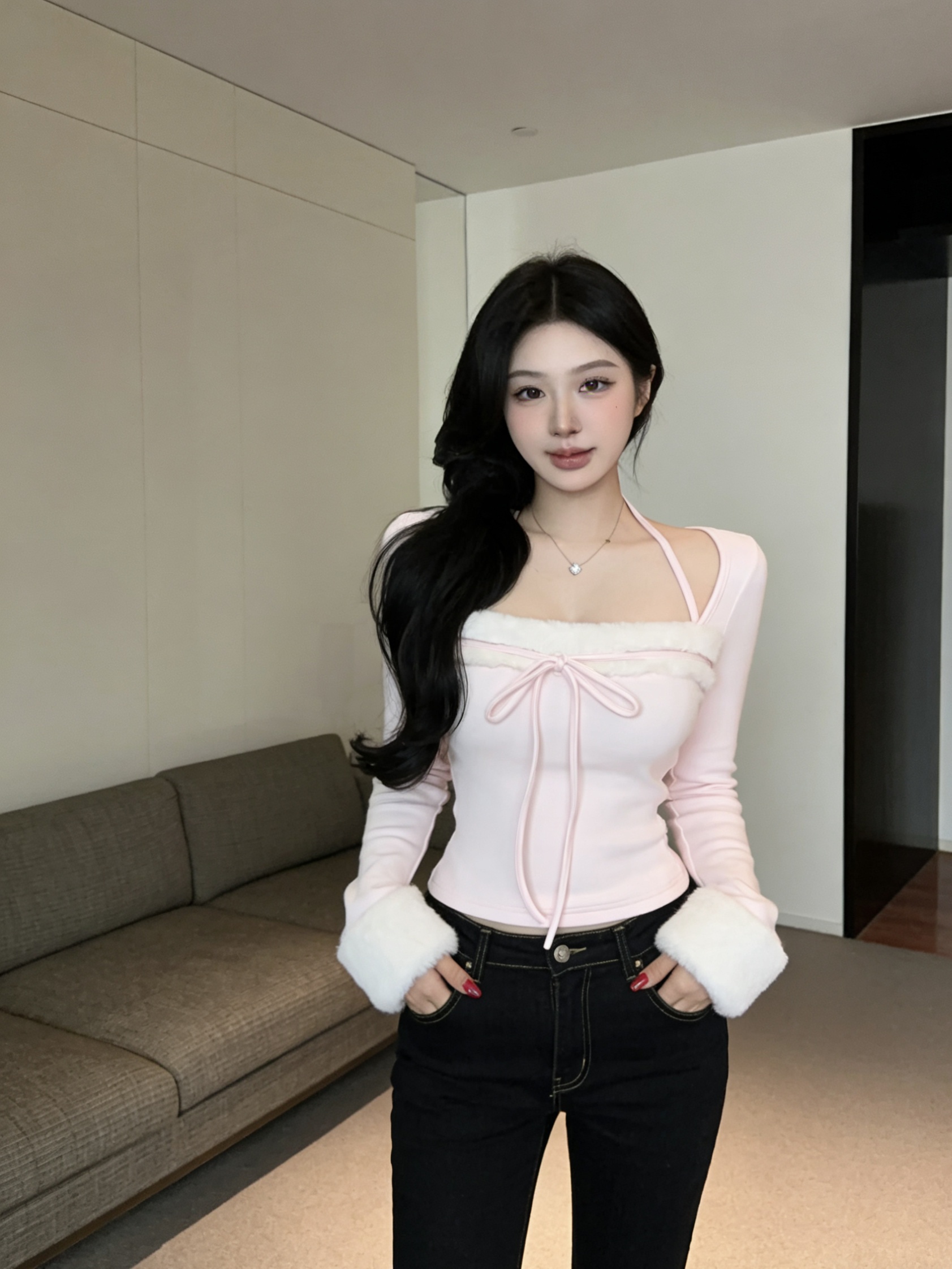 실사 핑크색 싸움 모피 행침 목 몸매 가꾸기 순수한 욕망 긴팔 달콤한 매운맛 맨위 티셔츠 여성 의류