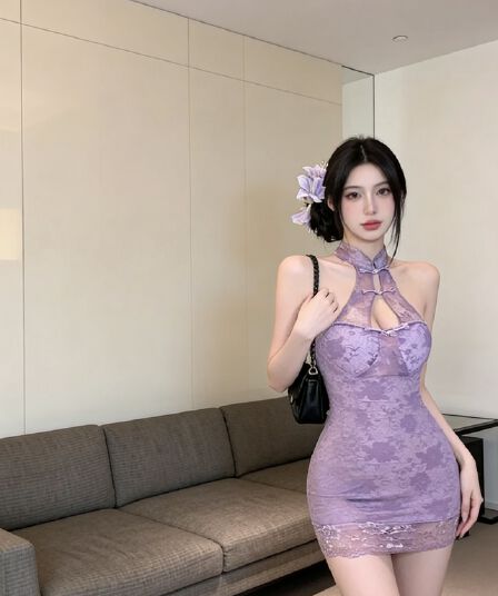 실사 보라색 시스루 망사 타이트 섹시함 유혹 몸매 가꾸기 초단 민소매 레트로 치파오 여성 드레스