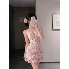 批发实拍~辣妹性感粉色立体吊带镂空时尚睡裙连衣裙女