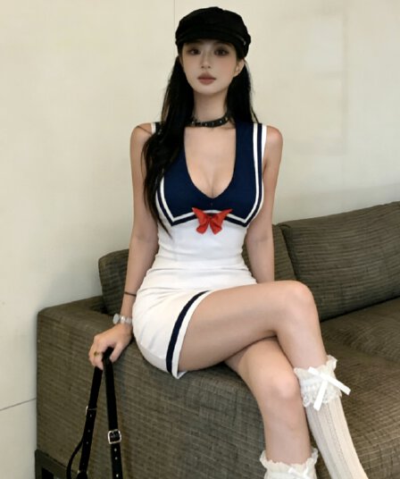 실사 순수한 욕망 달콤함 해군 스타일 낮은 네크라인 깊은 v 프린트 니트 몸매 가꾸기 타이트 스커트 핫걸 패션 여성 드레스