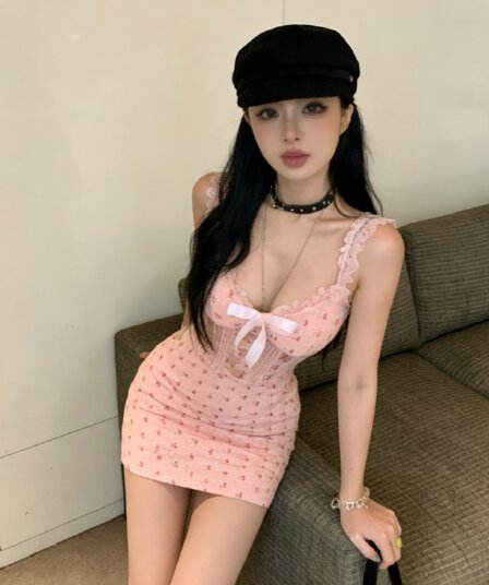 실사 얇은 스타일 섹시함 순수한 욕망 핑크색 달콤한 매운맛 몸매 가꾸기 타이트 스커트 민소매 레이스 조각 여성 드레스