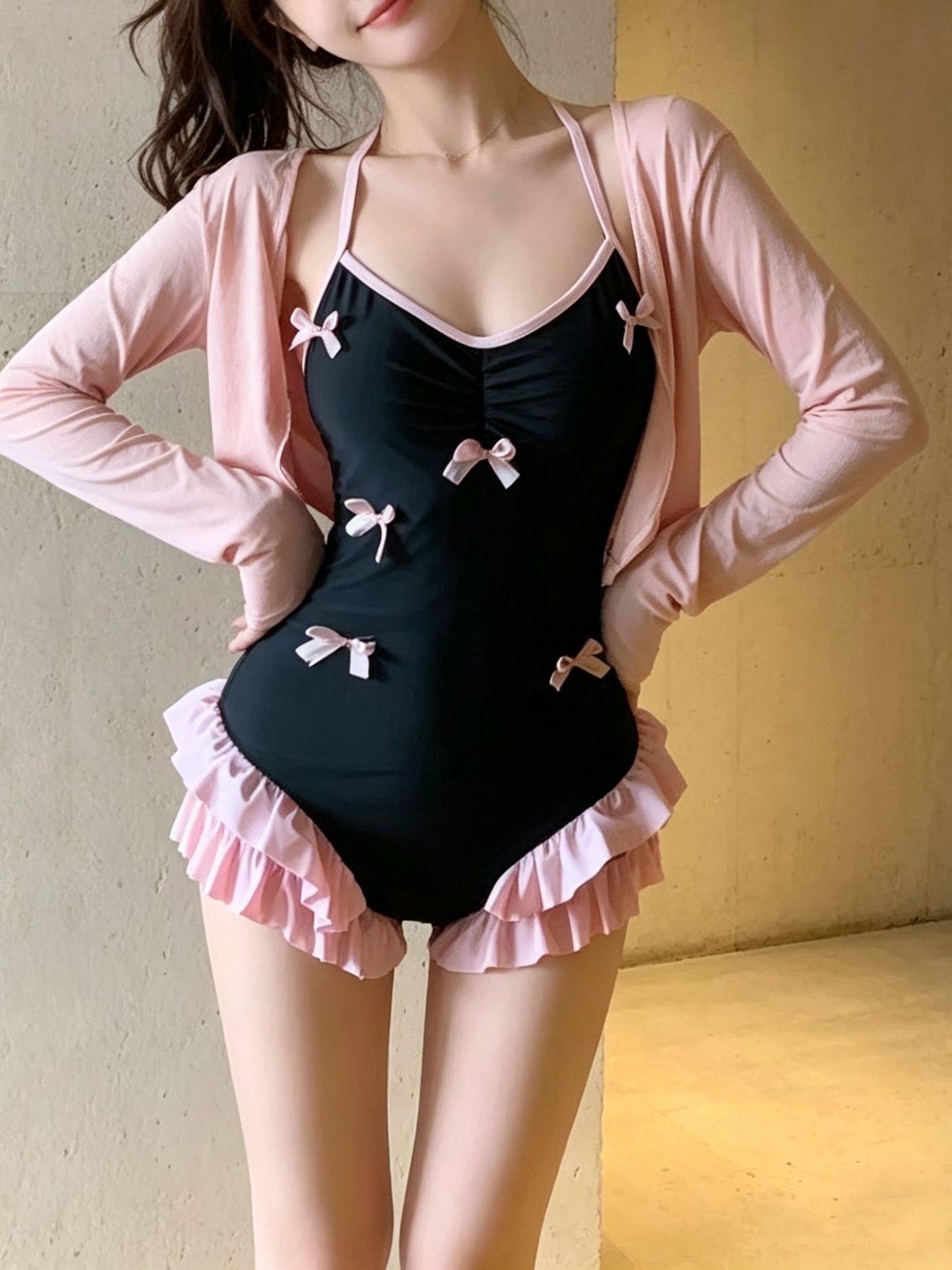 甜美性感辣妹连体挂脖泳衣+防晒短款小外套  服裝批發女裝批發服飾貨源